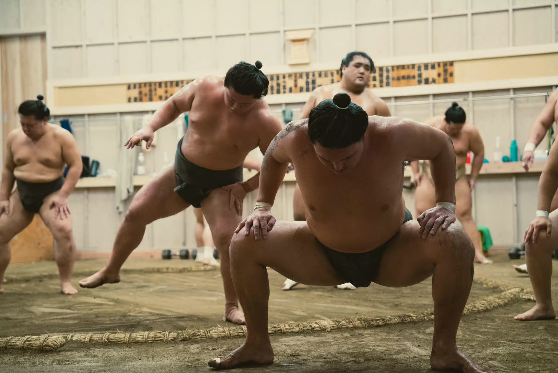 Morning sumo practice inside Ryogoku Kokugikan Tokyo training stable
