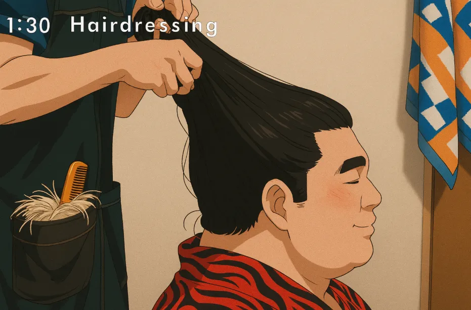 Tokoyama carefully styling a sekitori chonmage topknot after training