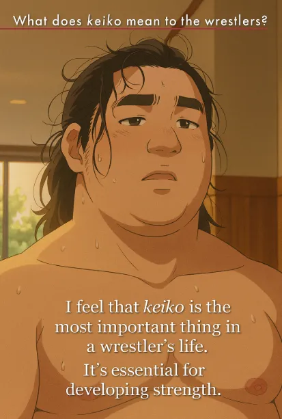Sumo wrestler sharing how keiko practice is the most important part of building strength