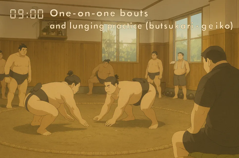 Takadagawa wrestlers locking up during intense keiko bouts under their stablemaster’s guidance