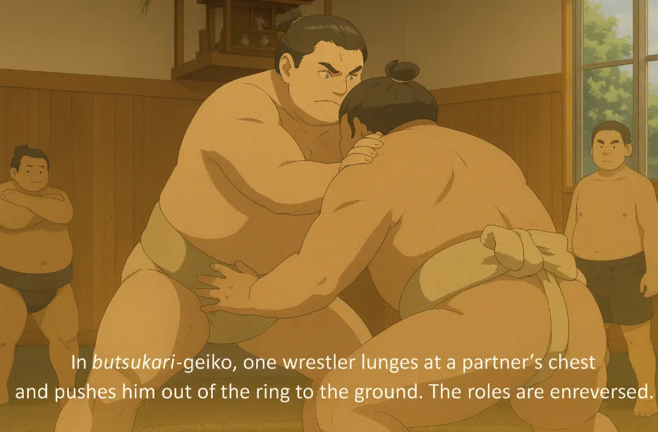 Butsukari-geiko drill where one wrestler drives through his partner to sharpen forward momentum