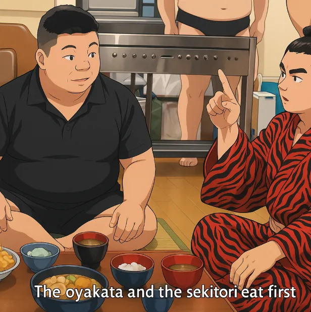 Takadagawa oyakata and sekitori enjoying the first servings of chankonabe at lunch