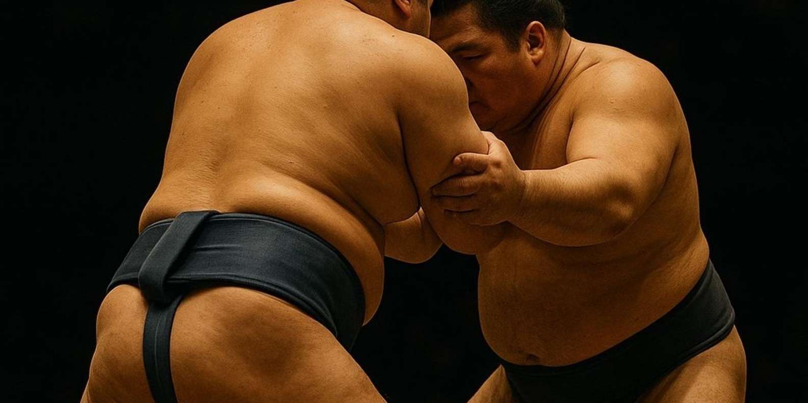 Retired professional sumo wrestler in traditional mawashi demonstrating authentic shiko foot-stomping ritual techniques to small group audience at intimate Shinjuku Tokyo venue