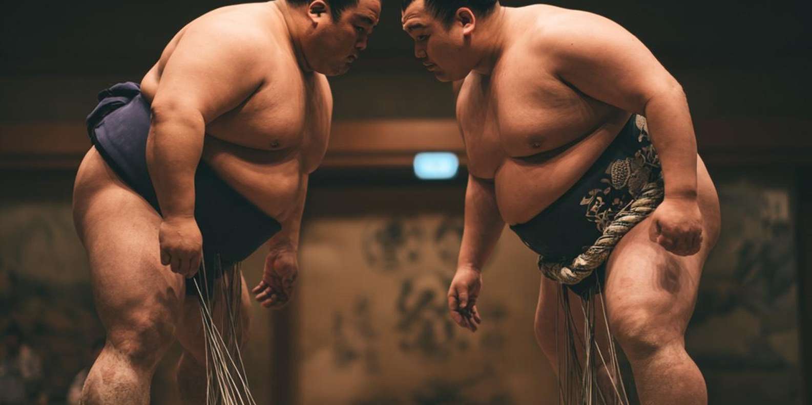Professional retired sumo wrestler demonstrating kimarite winning techniques and traditional salt-throwing ritual at intimate Shinjuku Tokyo venue with ringside audience seating