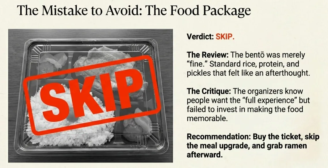 A standard Japanese bento box served at the sumo experience with a large red 'SKIP' stamp across it