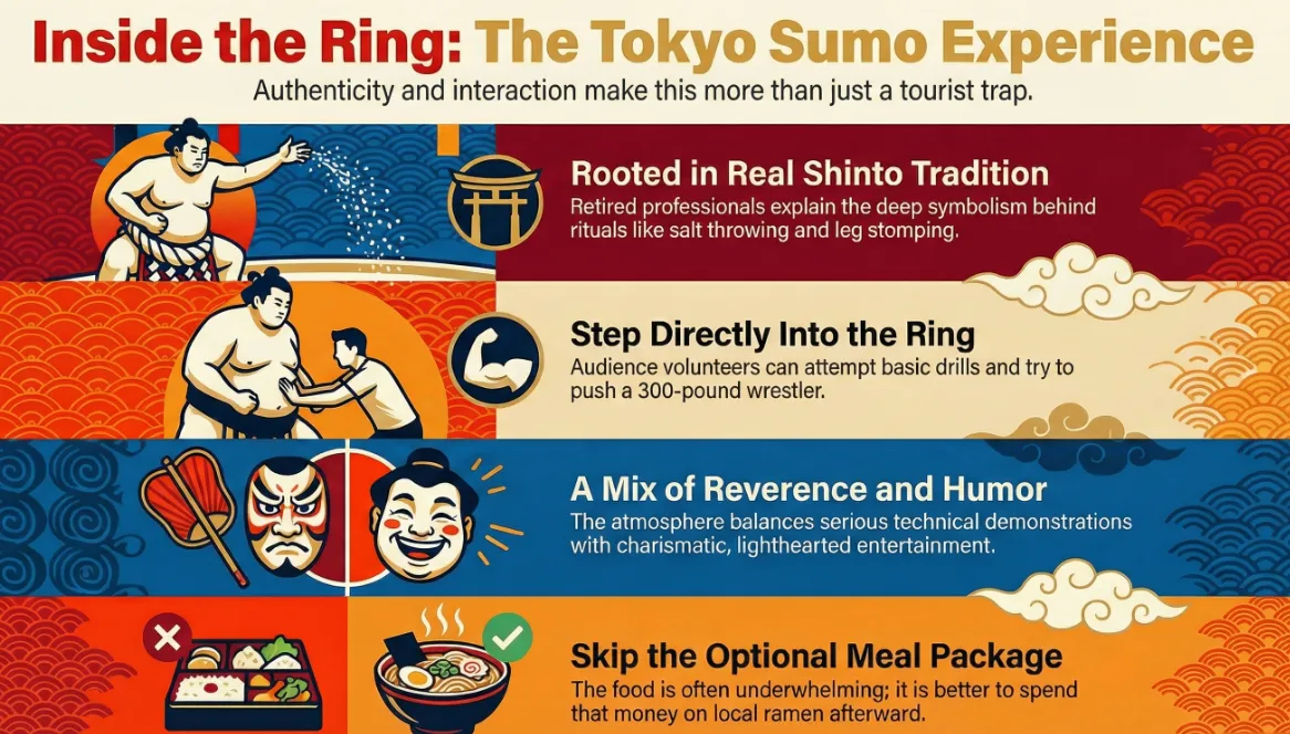 Complete overview infographic of the Tokyo sumo experience: Shinto traditions, ring interaction, and meal recommendations
