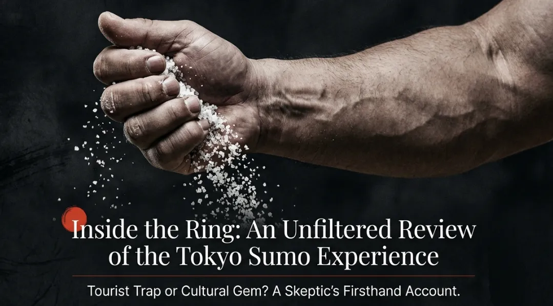 Inside the Ring: An Unfiltered Review of the Tokyo Sumo Experience title card showing a muscular arm with salt