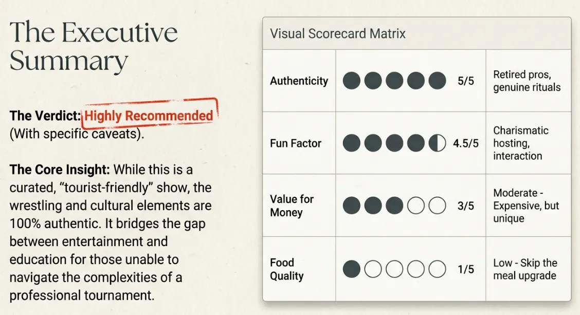 Sumo experience visual scorecard matrix: Authenticity 5/5, Fun Factor 4.5/5, Value for Money 3/5, Food Quality 1/5
