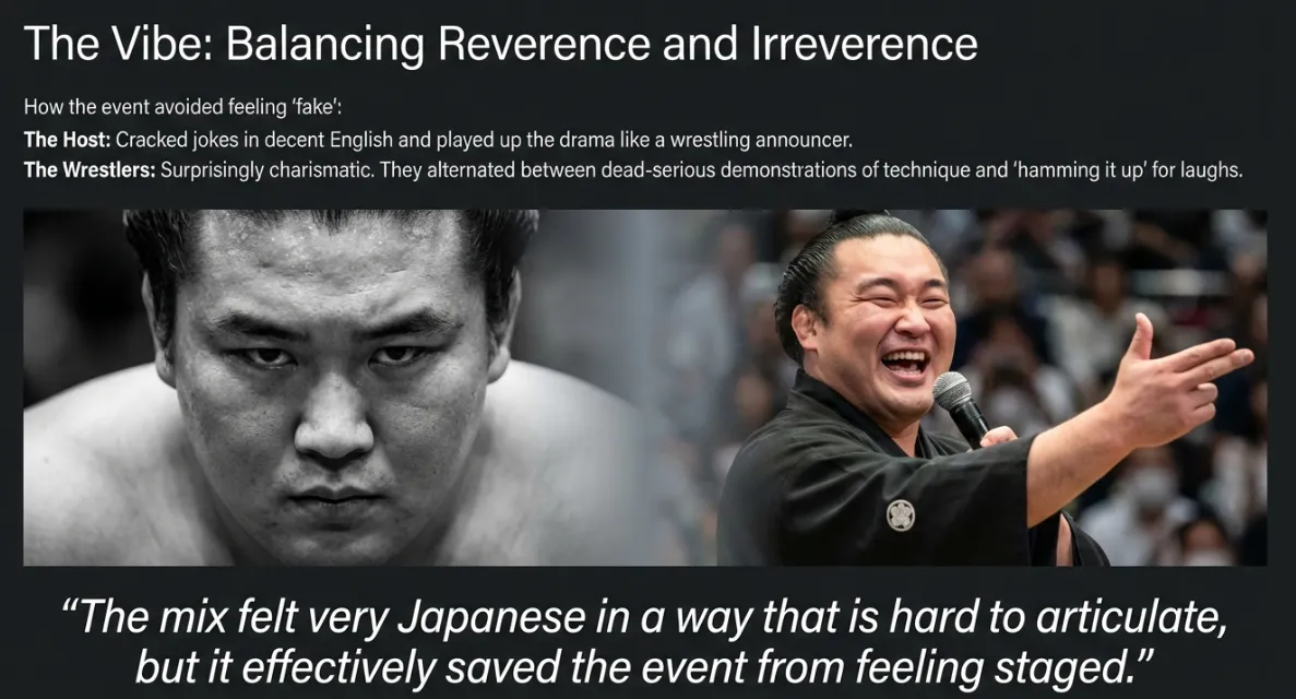 Comparison of two sumo wrestlers: one representing the serious reverence of the matches and the other the lighthearted humor of the event