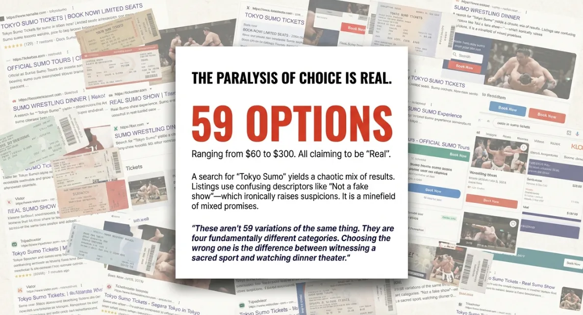 Tokyo sumo tickets search results showing 59 different options from GetYourGuide causing decision paralysis