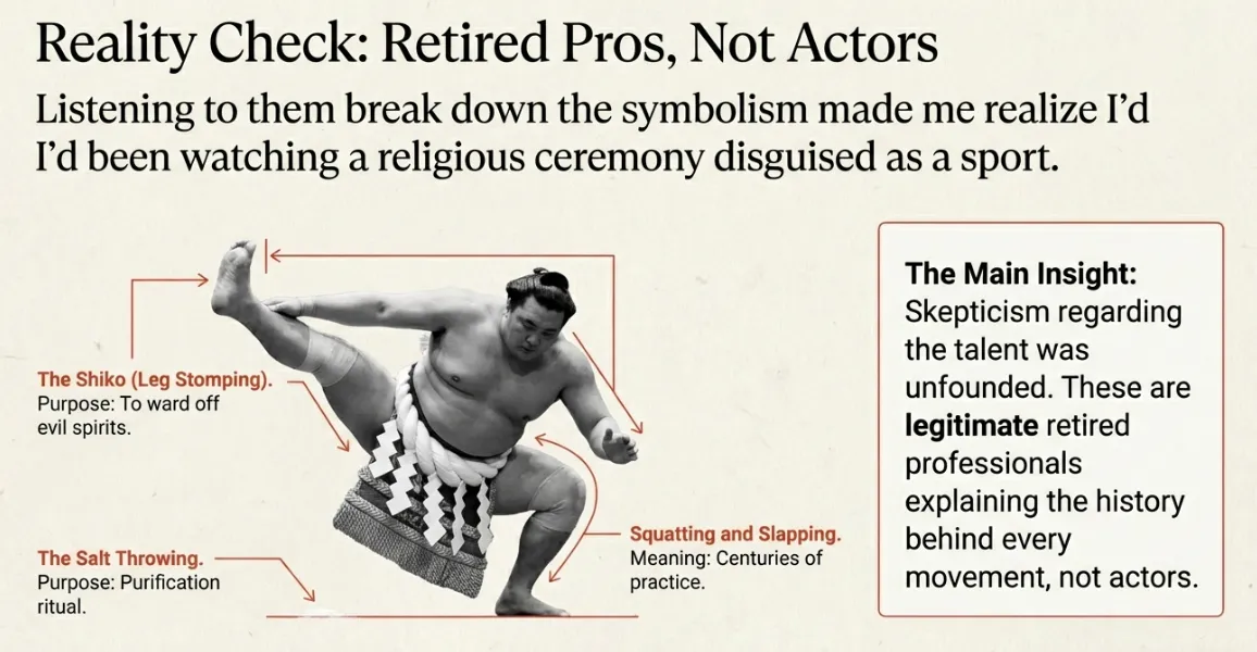 Retired professional sumo wrestler in a shiko leg-stomping pose explaining the historical and religious significance of rituals