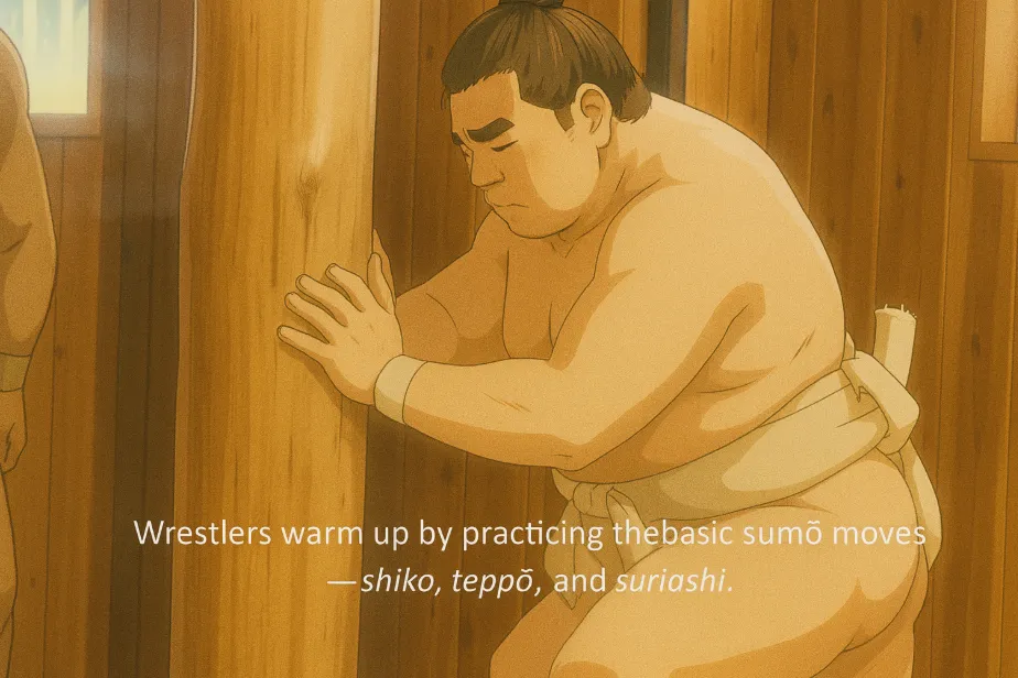 Sumo wrestler striking the wooden teppō pillar repeatedly to develop upper-body explosiveness