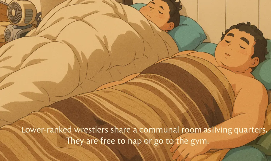 Lower-ranked wrestlers resting together in the communal tatami room during afternoon downtime