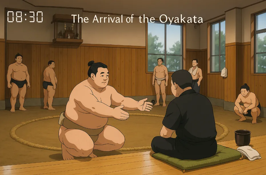 Takadagawa oyakata arriving on the keiko floor to supervise wrestlers during morning practice