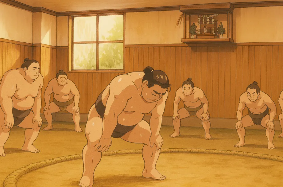 Takadagawa wrestlers gather around the dohyō at dawn to begin their morning warm-up routine