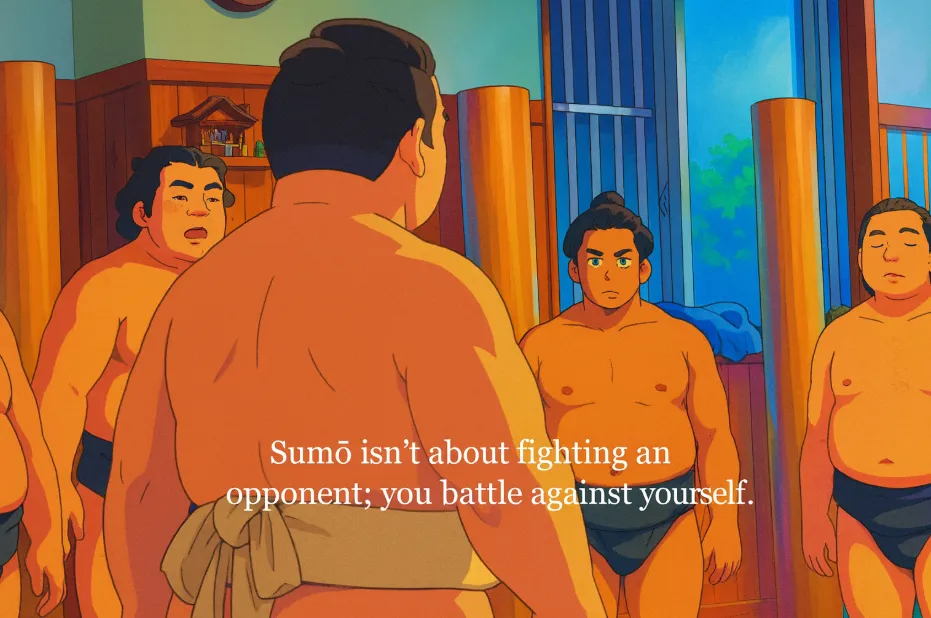 Takadagawa stablemaster offering post-keiko guidance to exhausted wrestlers surrounding him