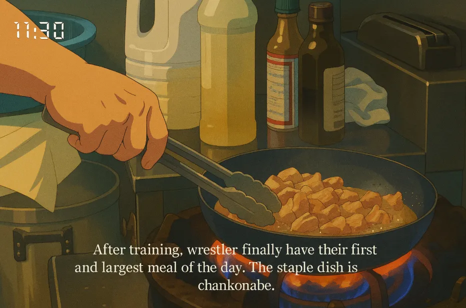 Chankonabe and rice spread prepared by junior wrestlers after morning practice