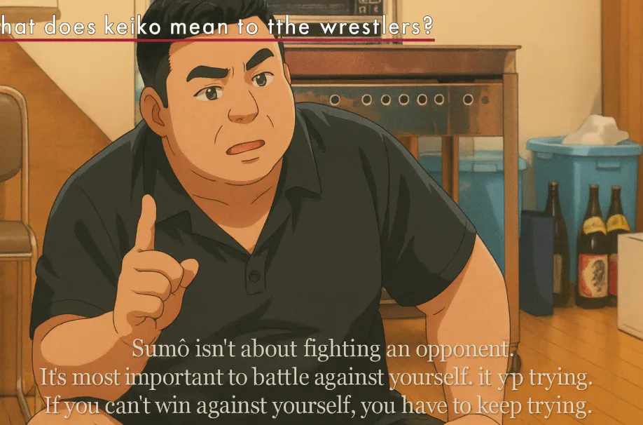 Takadagawa coach discussing the deeper meaning of keiko with his wrestlers