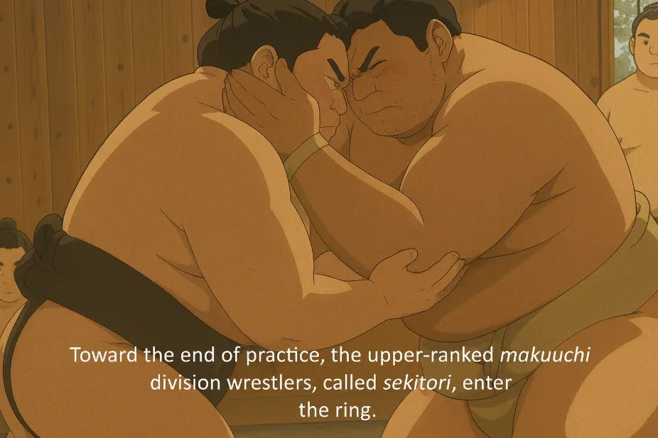 Top-division sekitori entering the ring to close out morning keiko at the Takadagawa stable