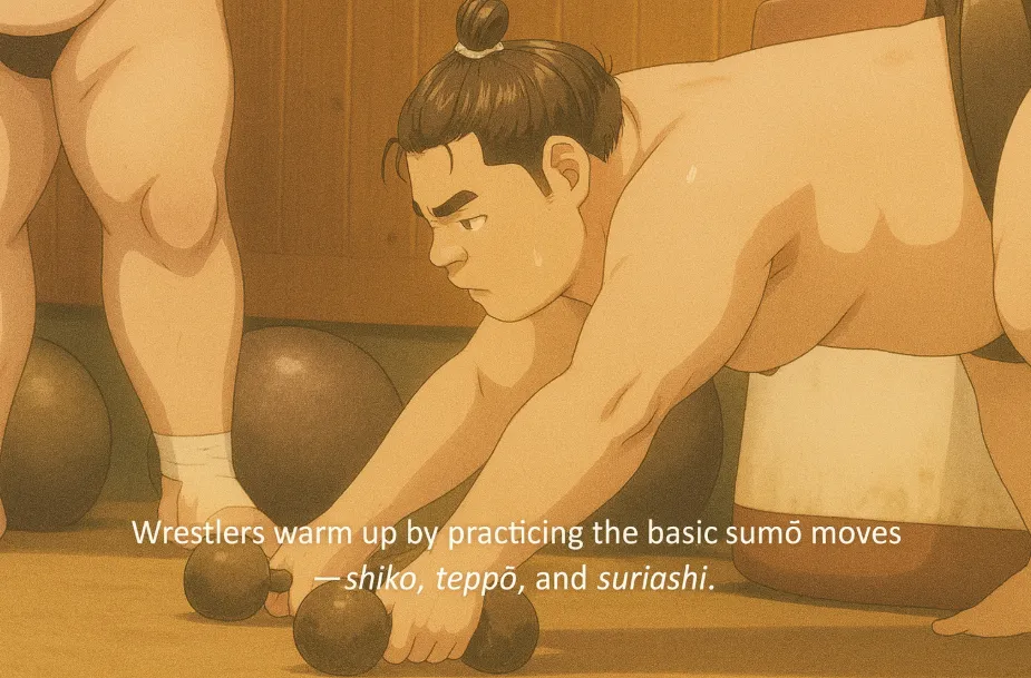 Rikishi drilling shiko leg stomps and suriashi footwork inside the Takadagawa sumo stable